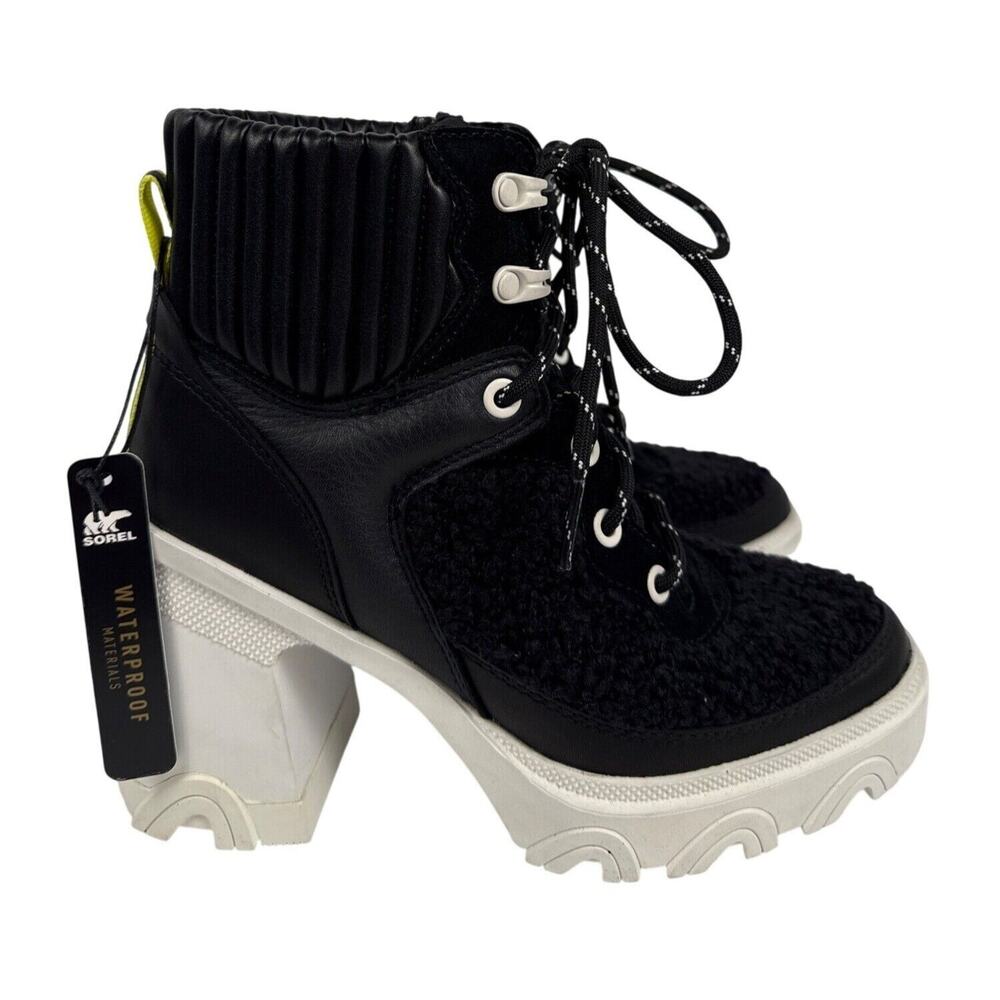 Sorel Brex Heel Cozy Lace Bootie Womens‎ 5.5 Black Leather Faux Shearling
